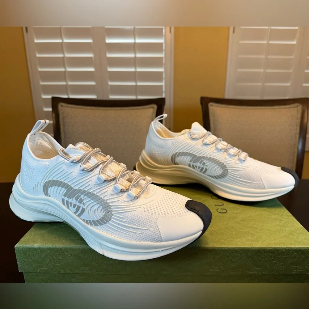 New Authentic Gucci Run GG Logo Sneakers Shoes White Gray Size UK 12 / US 12.5 - Picture 2 of 16